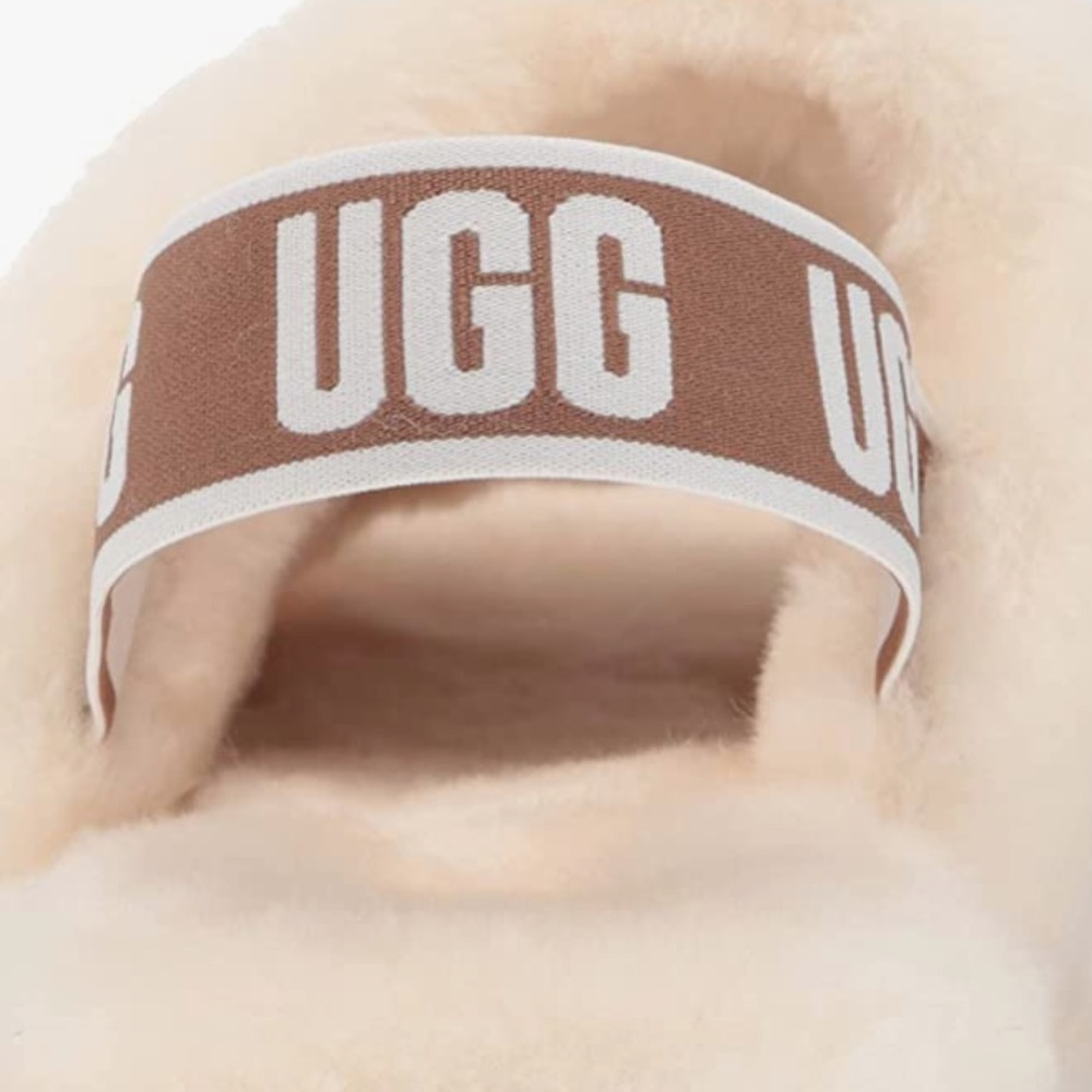 UGG Fluff Yeah Slide Sandals Sheepskin Fur Slingback Elastic Open Toe Natural - Picture 2 of 7